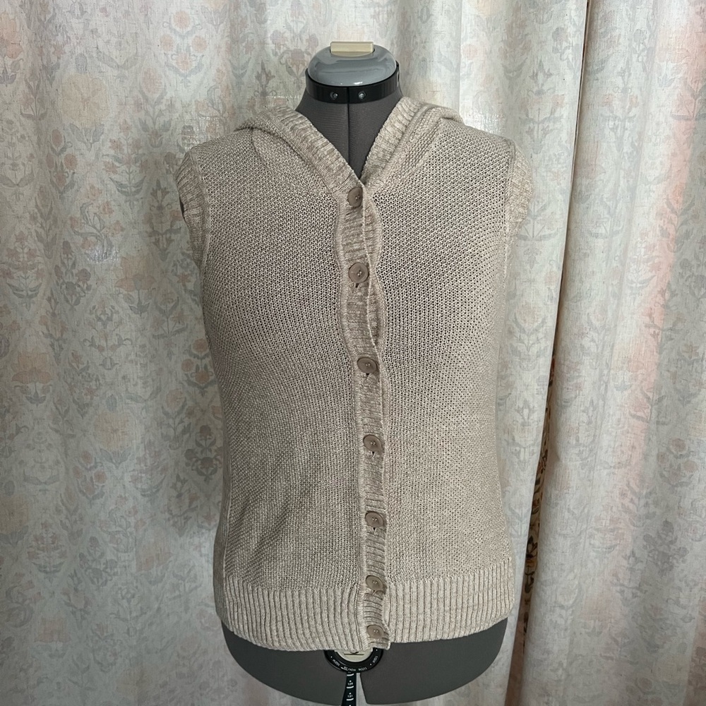 Christopher & Banks Sleeveless Beige Knit Button-Up Hoodie